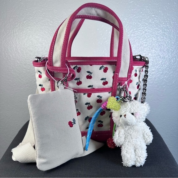 Madden Girl Handbags - Madden Girl Mini Viral Tote Cherry Cherries Pink Teddy Bear Jeweled Keychains